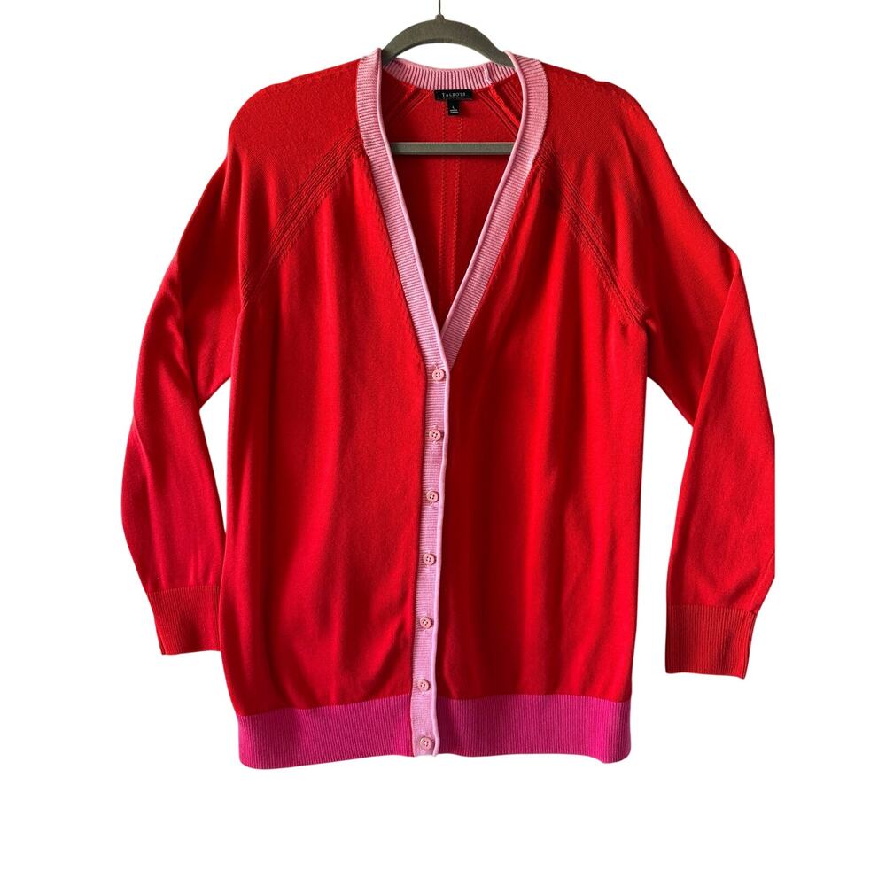 Talbots Colorblock V-Neck Cardigan Sweater Red Pink Trim Size L Cotton Rayon - Picture 2 of 8